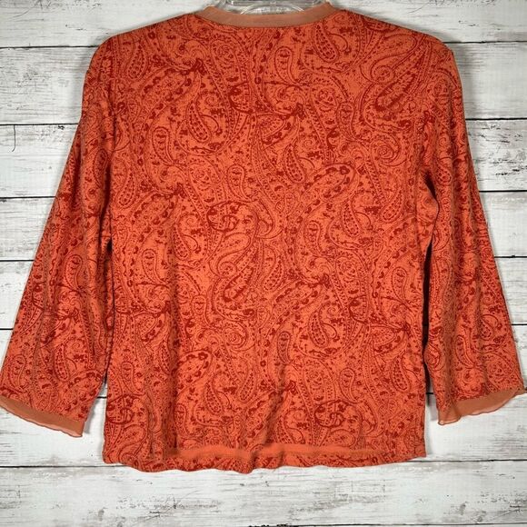 J Jill Orange Paisley V Neck 3/4 Sleeve Surplice Cotton T- Shirt Size M - Picture 2 of 6